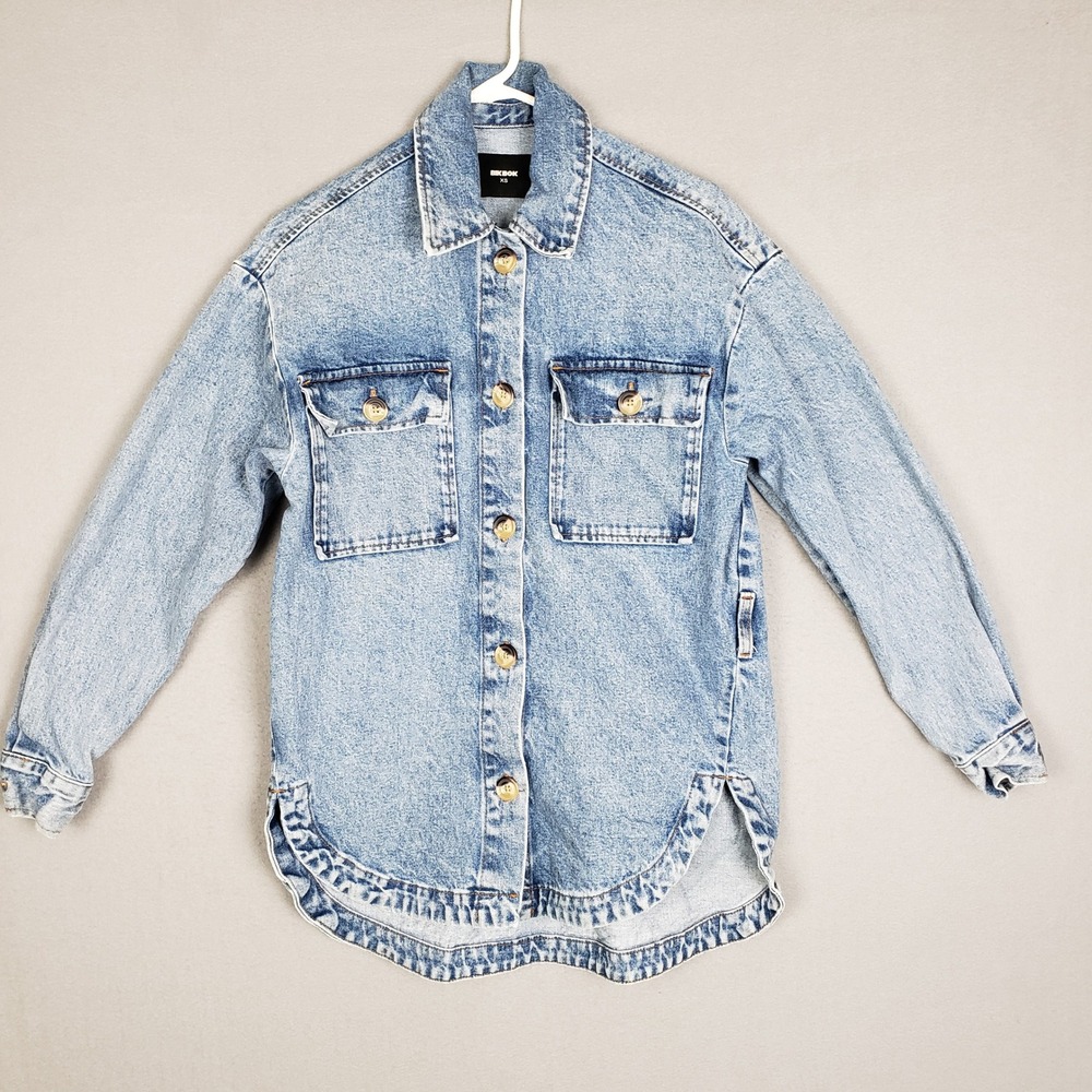 Bik Bok Size XS Big Button Denim Shirt Jacket Acid Washed Oversized 90s‎ Grunge